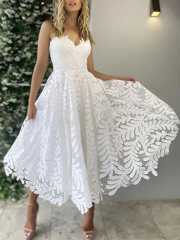 Woochic mi-longue robe bustier trapèze broderie anglaise dos nu sans manches élégant de fete Blanche S